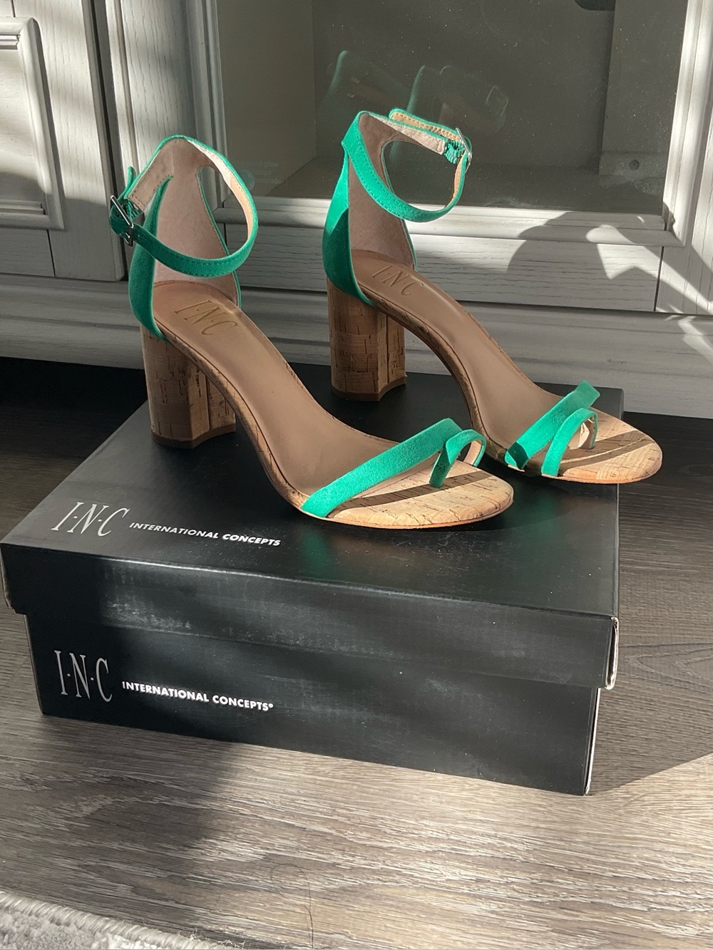 INC International Concepts Emerald Green Ankle-Strap Block Heel Sandals